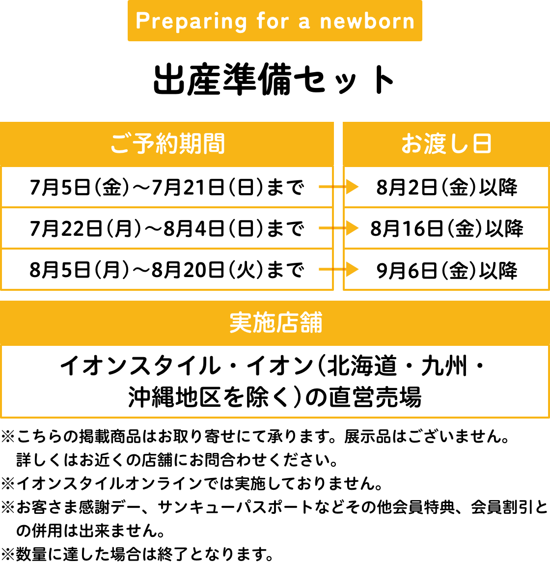 出産準備セット 7月5日(金)～7月21日(日)までのご予約で8月2日(金)以降のお渡し、7月22日(月)～8月4日(日)までのご予約で8月16日(金)以降のお渡し、8月5日(月)～8月20日(火)までのご予約で9月6日(金)以降のお渡し 実施店舗 イオンスタイル・イオン(北海道・九州・沖縄地区を除く)の直営売場