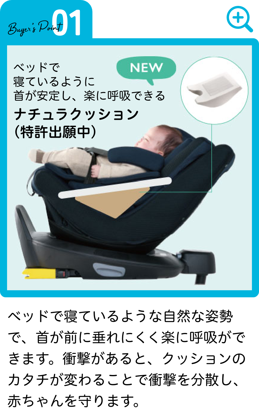 ベッドで寝ているような自然な姿勢で、首が前に垂れにくく楽に呼吸ができます。衝撃があると、クッションのカタチが変わることで衝撃を分散し、赤ちゃんを守ります。
