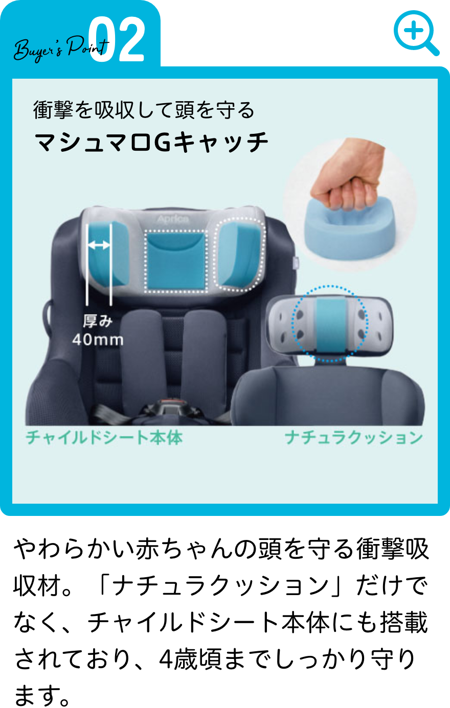 やわらかい赤ちゃんの頭を守る衝撃吸収材。「ナチュラクッション」だけでなく、チャイルドシート本体にも搭載されており、4歳頃までしっかり守ります。