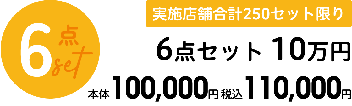 【6点セット】実施店舗合計250セット限り 6点セット 10万円 本体100,000円 税込110,000円