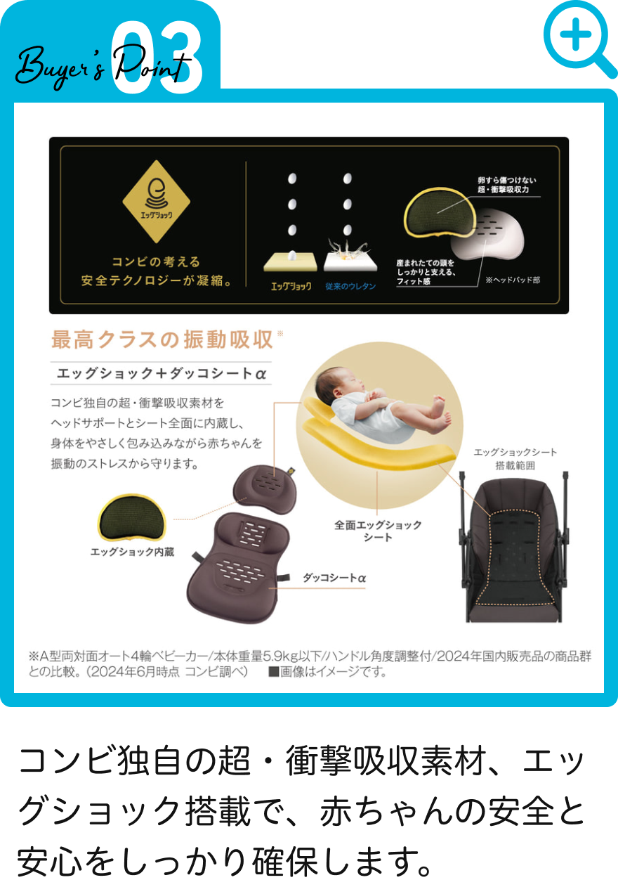 コンビ独自の超・衝撃吸収素材、エッグショック搭載で、赤ちゃんの安全と安心をしっかり確保します。