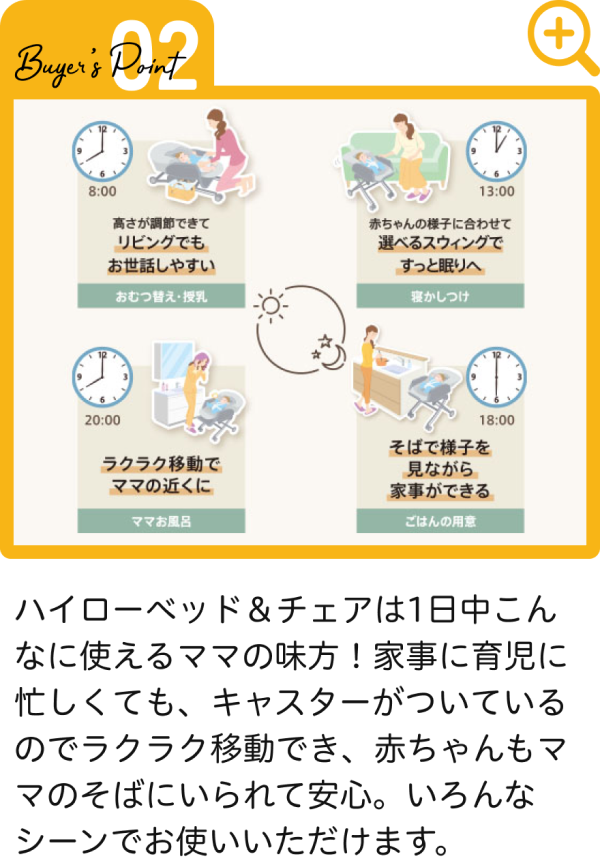 ハイローベッド＆チェアは1日中こんなに使えるママの味方！家事に育児に忙しくても、キャスターがついているのでラクラク移動でき、赤ちゃんもママのそばにいられて安心。いろんなシーンでお使いいただけます。