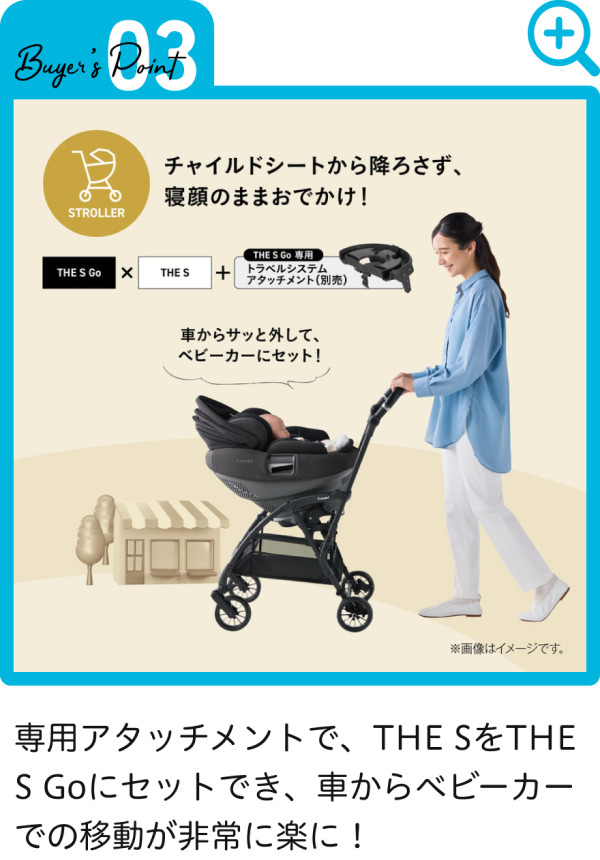 専用アタッチメントで、THE SをTHE S Goにセットでき、車からベビーカーでの移動が非常に楽に！