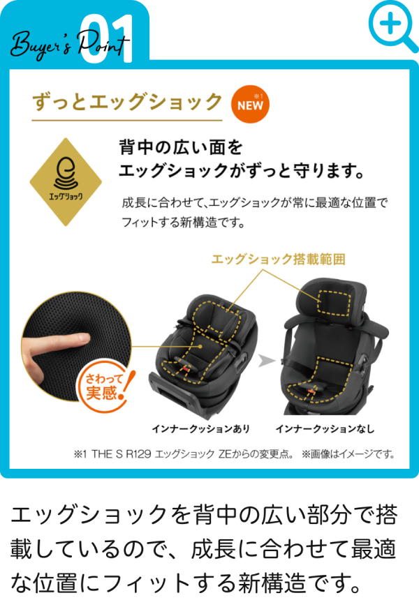 エッグショックを背中の広い部分で搭載しているので、成長に合わせて最適な位置にフィットする新構造です。