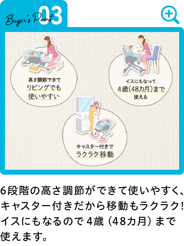 6段階の高さ調節ができて使いやすく、キャスター付きだから移動もラクラク！イスにもなるので4歳（48カ月）まで使えます。
