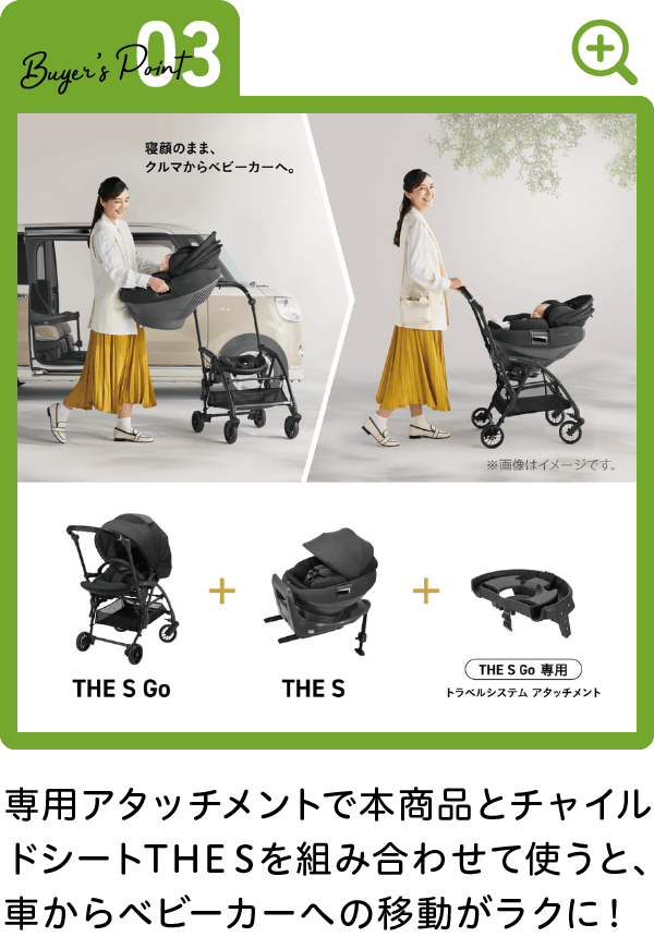 専用アタッチメントで本商品とチャイルドシートTHE Sを組み合わせて使うと、車からベビーカーへの移動がラクに！