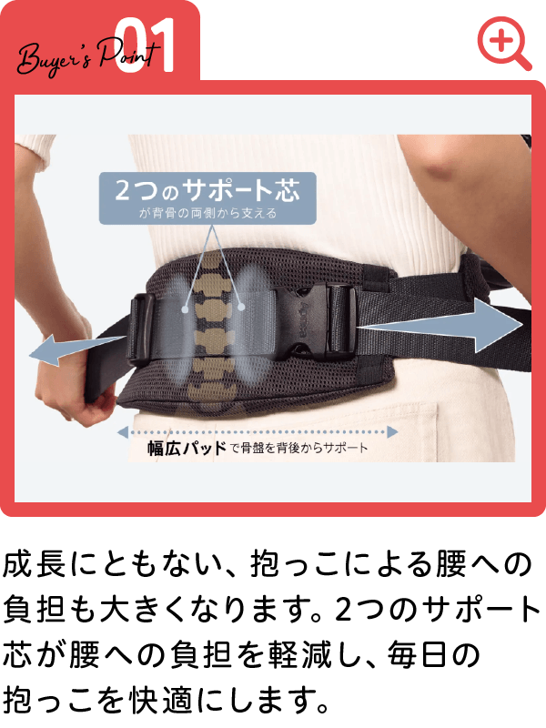 成長にともない、抱っこによる腰への負担も大きくなります。2つのサポート芯が腰への負担を軽減し、毎日の抱っこを快適にします。